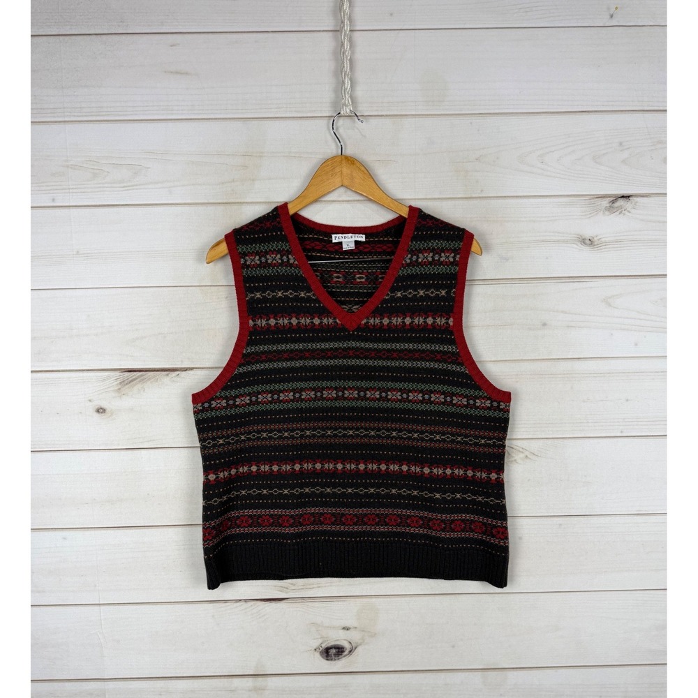 Pendleton Sweater Vest Womens XL Black Red Merino Wool Fair Isle V-Neck Knit